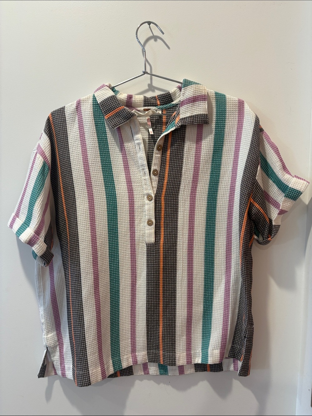 Free People Women’s Short-Sleeve Waffle Knit Polo Top - Multicolor Stripes